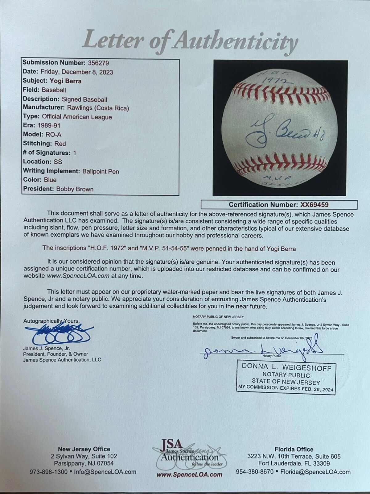 Yogi Berra Signed Baseball with HOF 1972 MVP