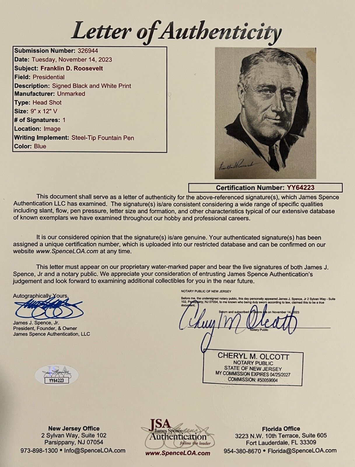 Franklin Delano Roosevelt Signed Presidential Photo Print. 1935 FDR. JSA Auto.
