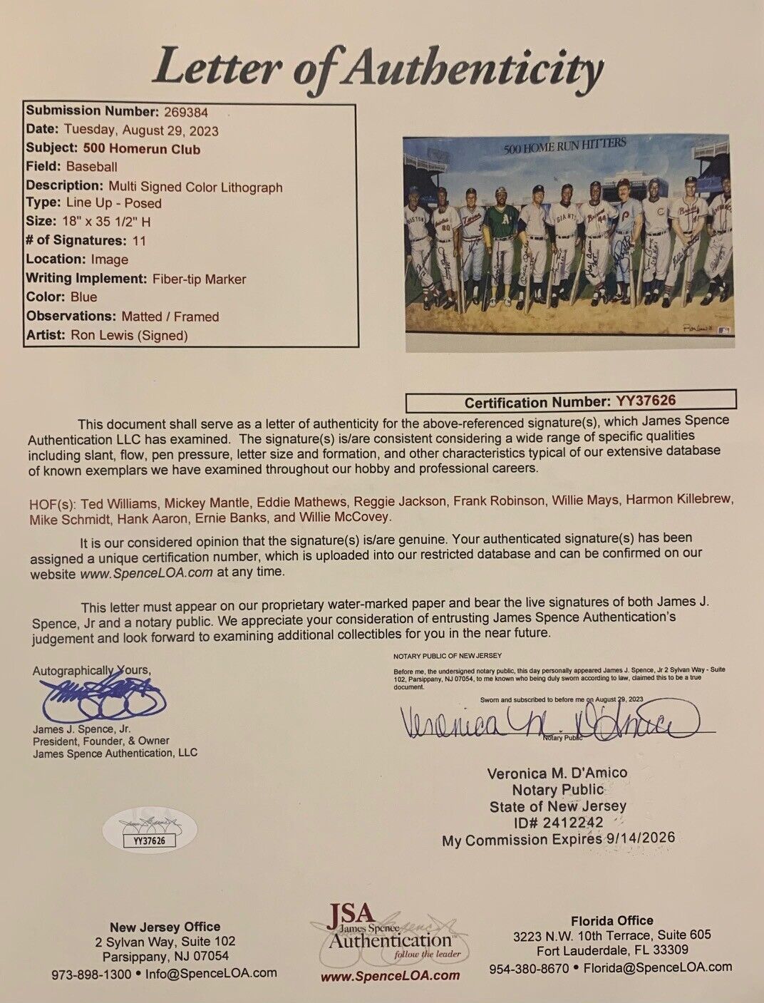 500 Home Run Club Signed & Inscribed Lithograph. 11 Sigs with HR Totals. JSA