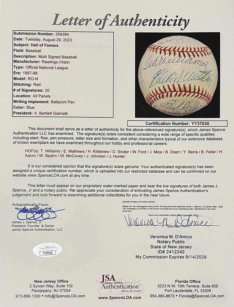 Ted Williams Hank Aaron Judy Johnson Hall of Fame Signed Baseball, 20 Autos. JSA