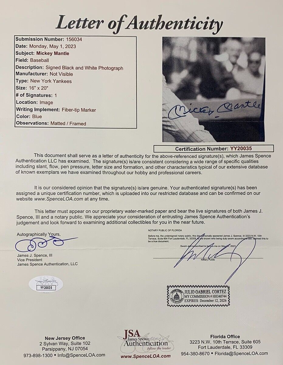 Mickey Mantle Signed 16x20 Photo, New York Yankees Limited Edition 536. Auto PSA