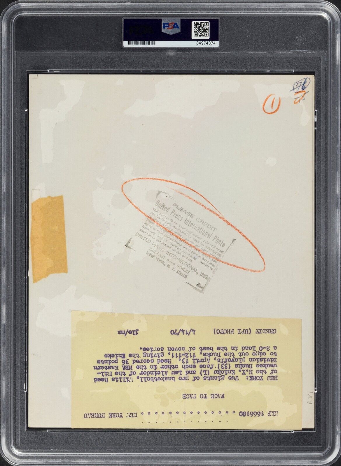 1970 Kareem Abdul-Jabbar Willis Reed Type 1 Photograph NBA Playoffs Photo PSA