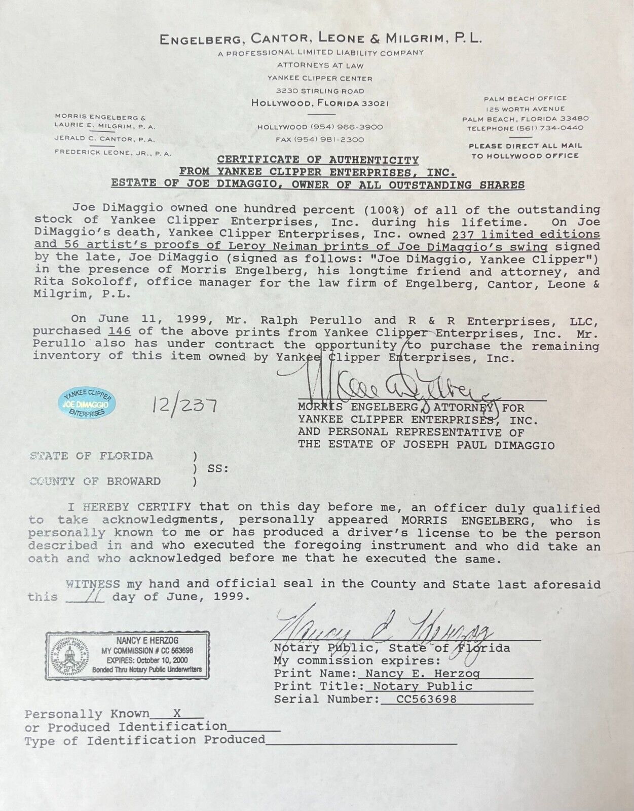 Joe DiMaggio Signed Inscribed Yankee Clipper Autograph. Leroy Neiman Lithograph.