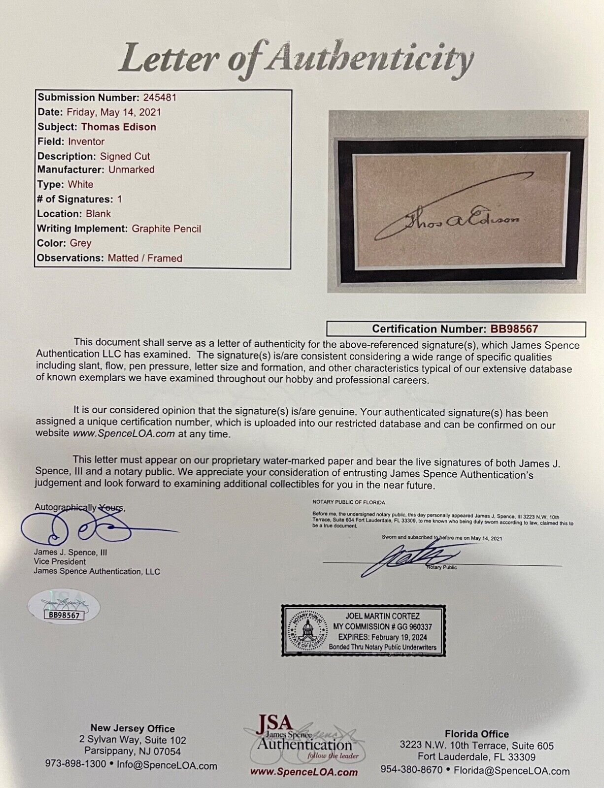 THOMAS EDISON Signed Autograph Card, Framed Display. Famous Umbrella Signature. JSA