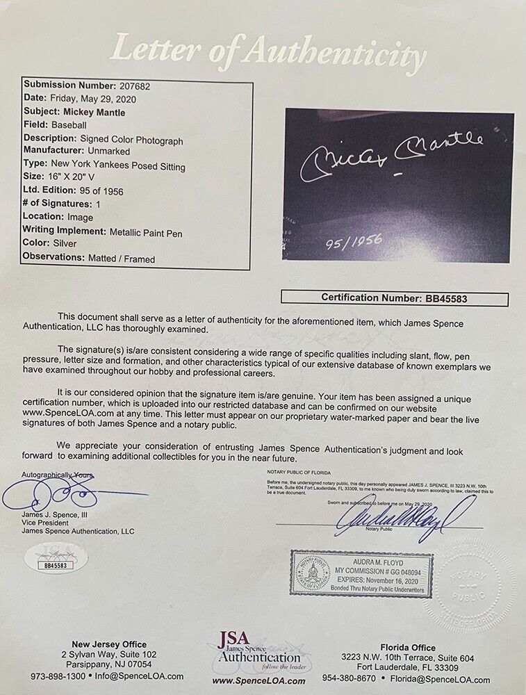 Mickey Mantle Signed 16x20 Autograph Photo, Custom Framed NY Yankees. Auto JSA