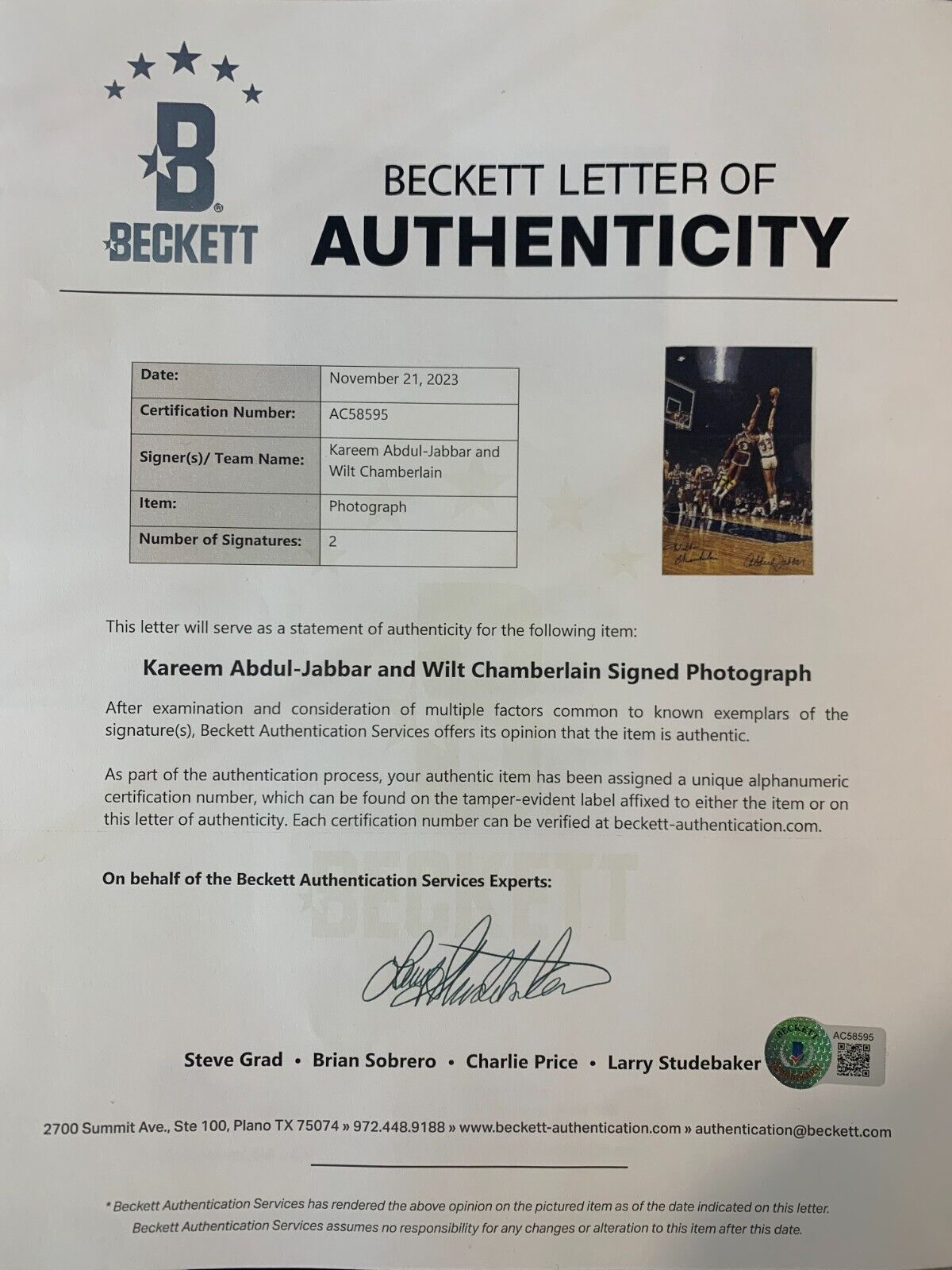 1973 Wilt Chamberlain Kareem Abdul-Jabbar Signed 32x24" Autograph Beckett LOA