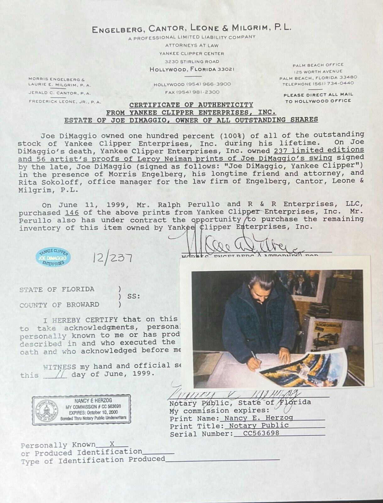 Joe DiMaggio Signed Inscribed Yankee Clipper Autograph. Leroy Neiman Lithograph.