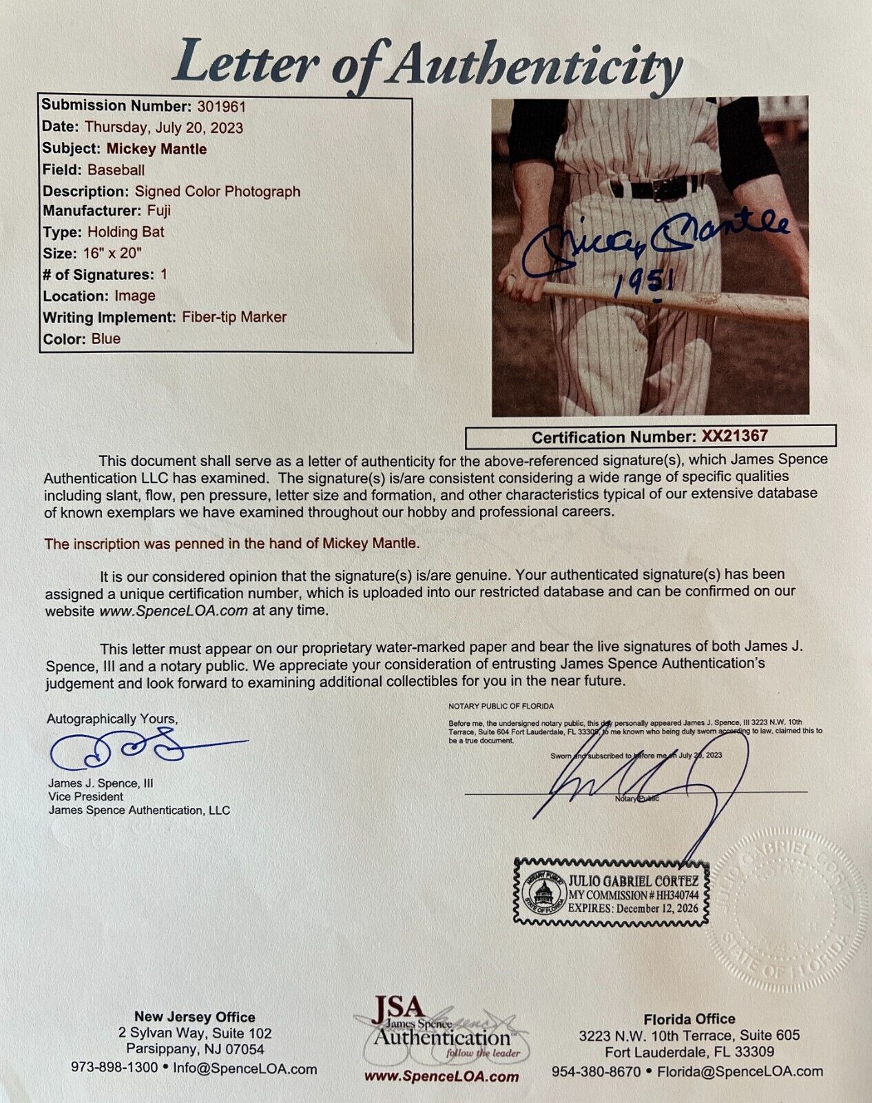 1951 Rookie Mickey Mantle Inscription Signed 16x20 Framed Photo Yankees Auto JSA