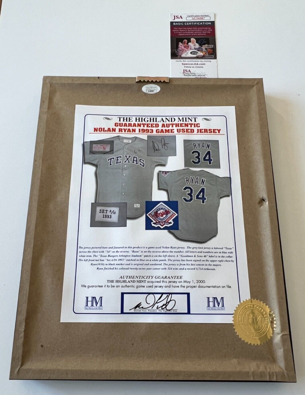 Nolan Ryan Game Used Jersey + Signed Hall of Fame Photo Auto JSA Highland Mint