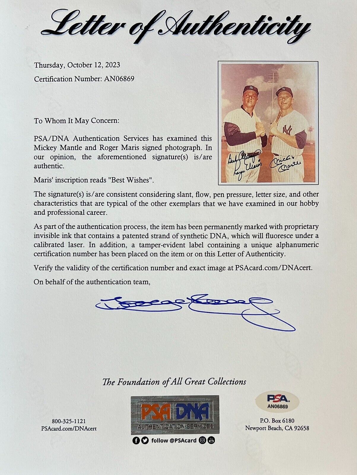 Mickey Mantle Roger Maris "Best Always" Signed Autograph Framed Photo. Auto PSA