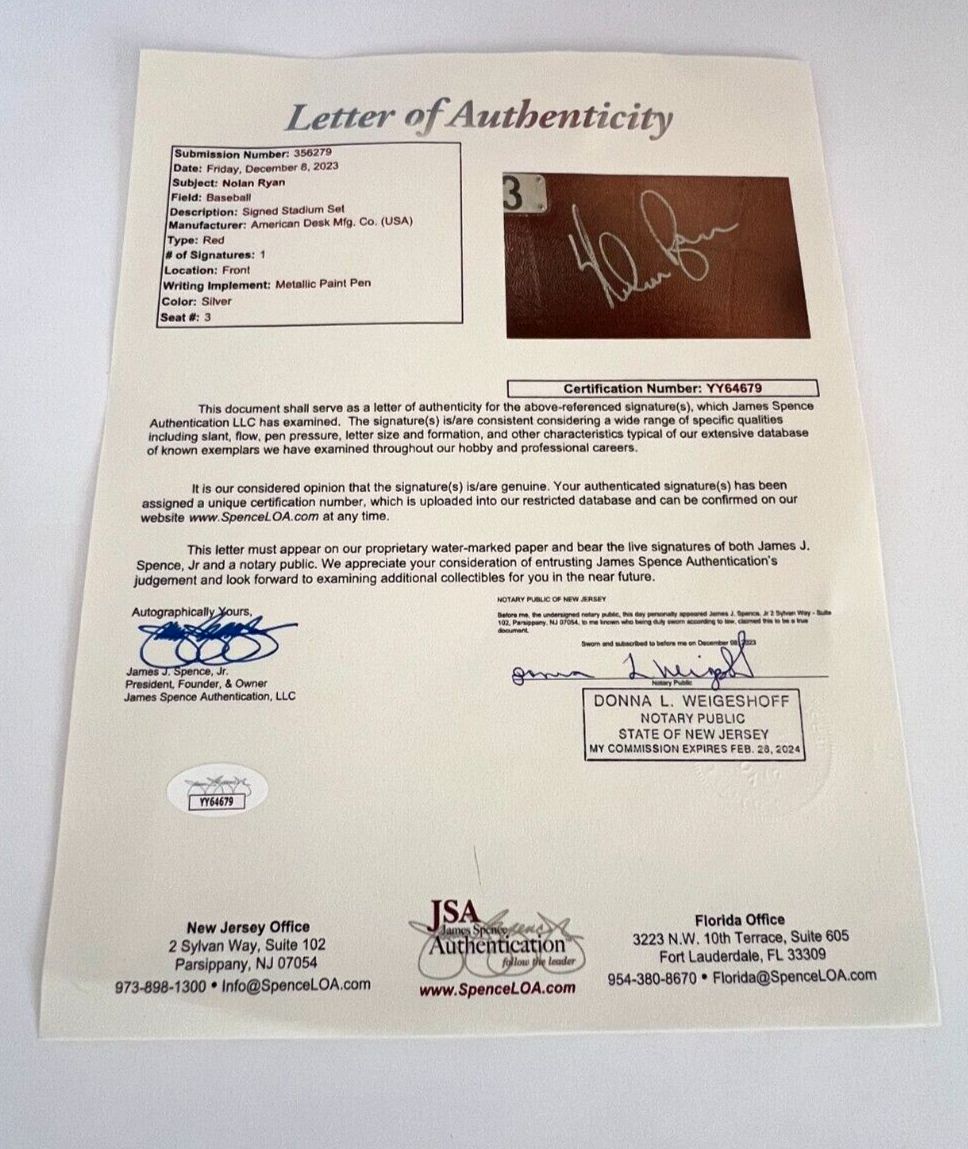 Authentic Arlington Stadium Seat Signed by Nolan Ryan. Texas Rangers. Auto JSA.