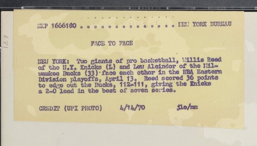 1970 Kareem Abdul-Jabbar Willis Reed Type 1 Photograph NBA Playoffs Photo PSA