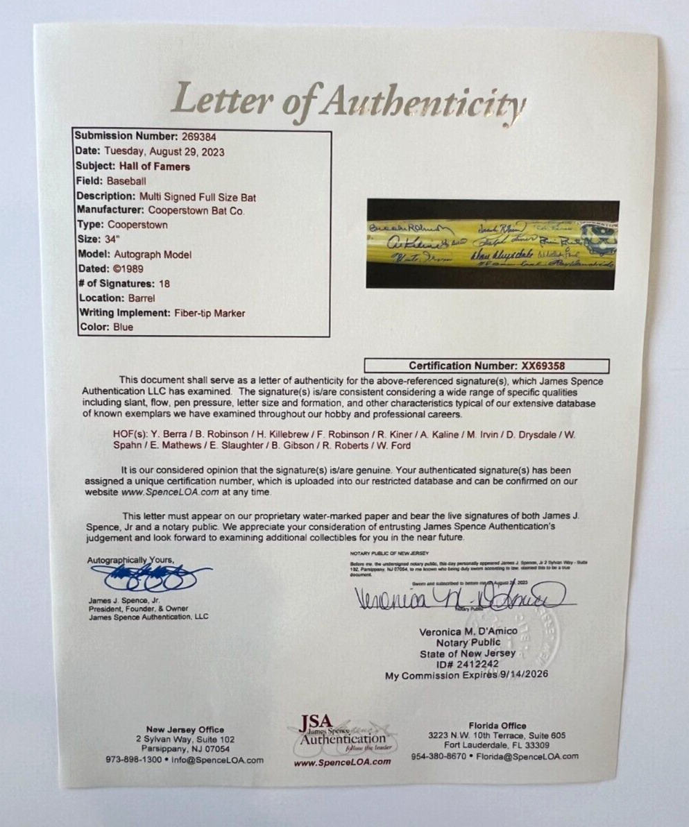 Cooperstown Hall of Fame Signed Baseball Bat Auto JSA