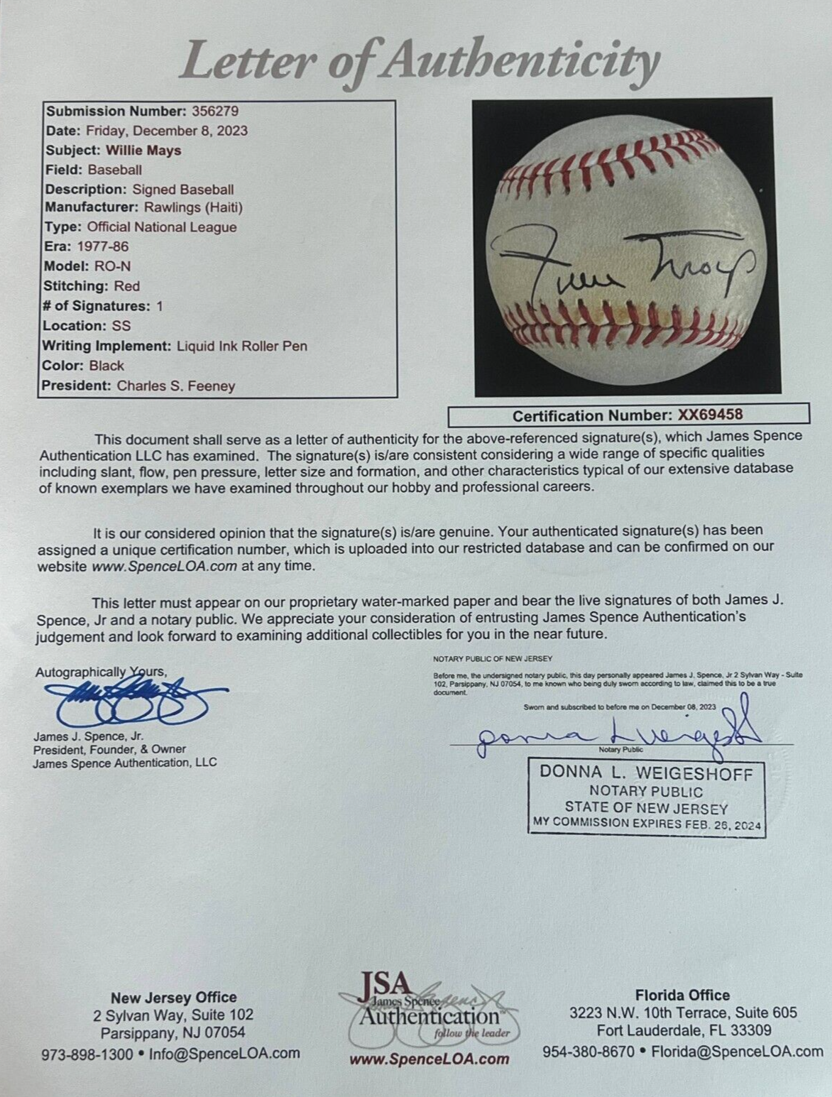 Willie Mays Single Signed Autograph Baseball. San Francisco Giants JSA signature