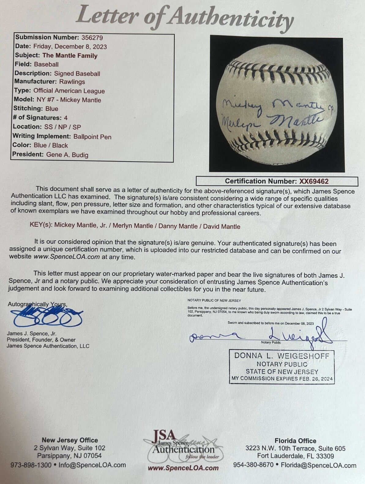 The Mickey Mantle Family Signed Autograph Baseball. JSA Signature.