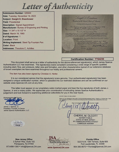 Dwight D. Eisenhower Signed Presidential Appointment Document JSA Auto Signature