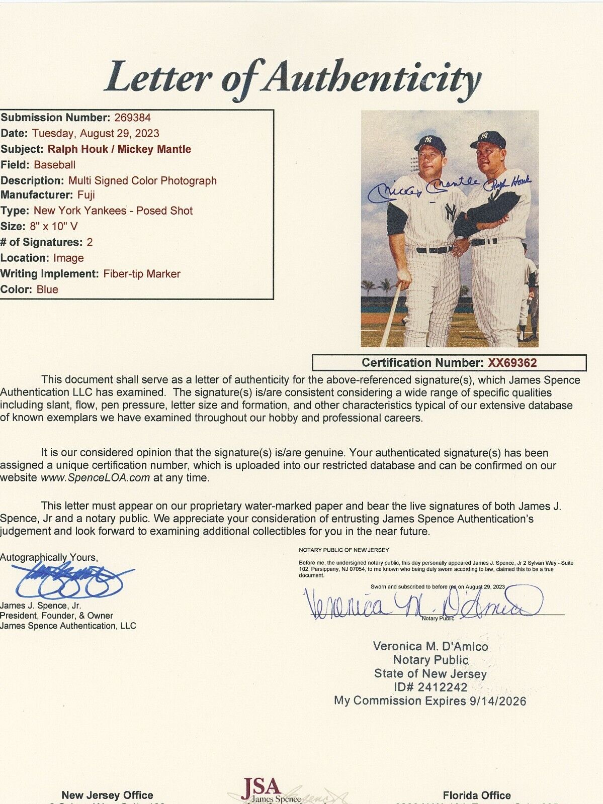 Mickey Mantle Ralph Houk Signed 8x10 Autograph Spring Training Photo. Auto JSA