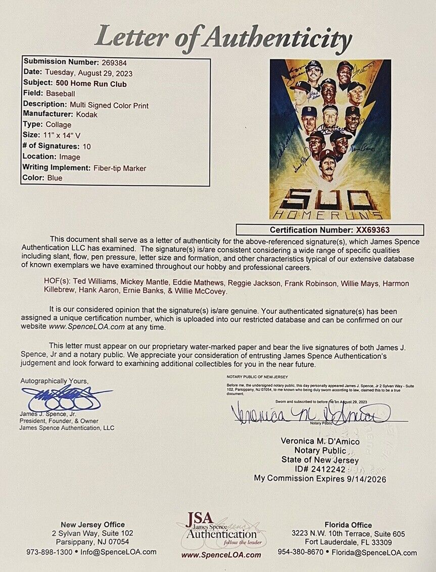 Mantle Williams Aaron Mays & More 500 Home Run Club Signed Photo, 10 Autos. JSA