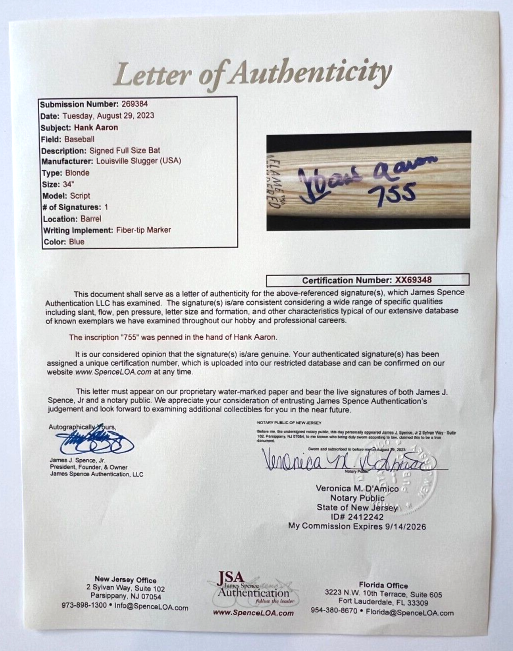 Hank Aaron 755 Inscription Signed Baseball Bat Louisville Slugger Auto JSA