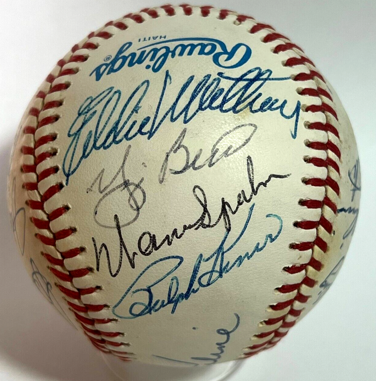 Hall of Fame Multi Signed Baseball. 14 Autographs Mathews, Spahn Berra Kaline Kiner Sewell, JSA