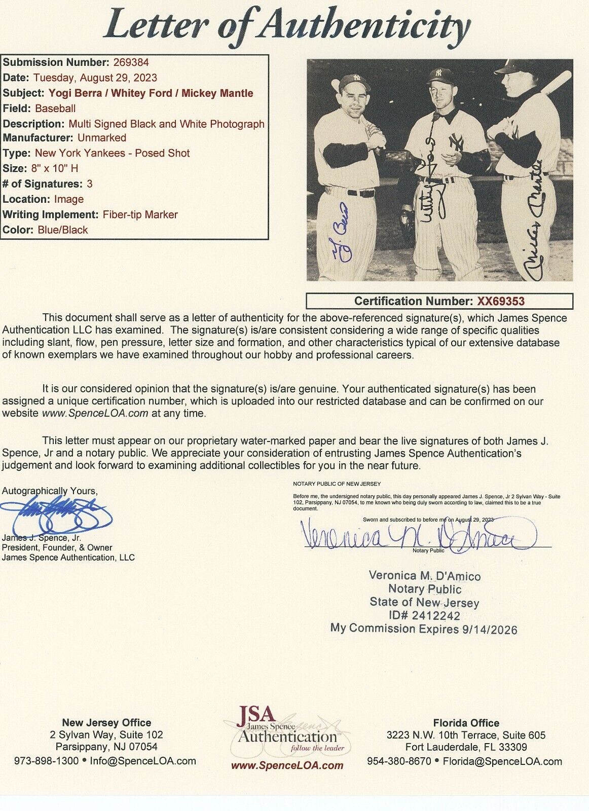 Mickey Mantle Yogi Berra Whitey Ford Signed 8x10 Autograph Photo. Auto JSA