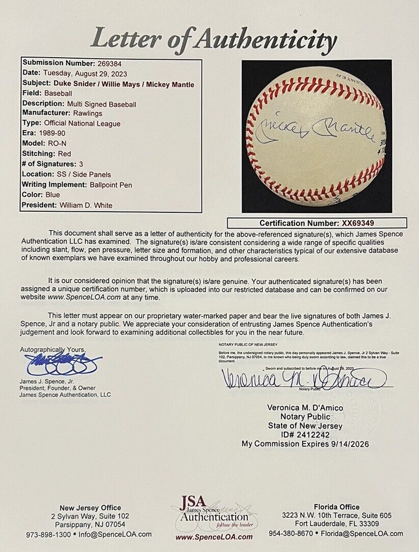 Mickey Mantle Willie Mays Duke Snider Signed Baseball. 1950s NY Baseball. JSA