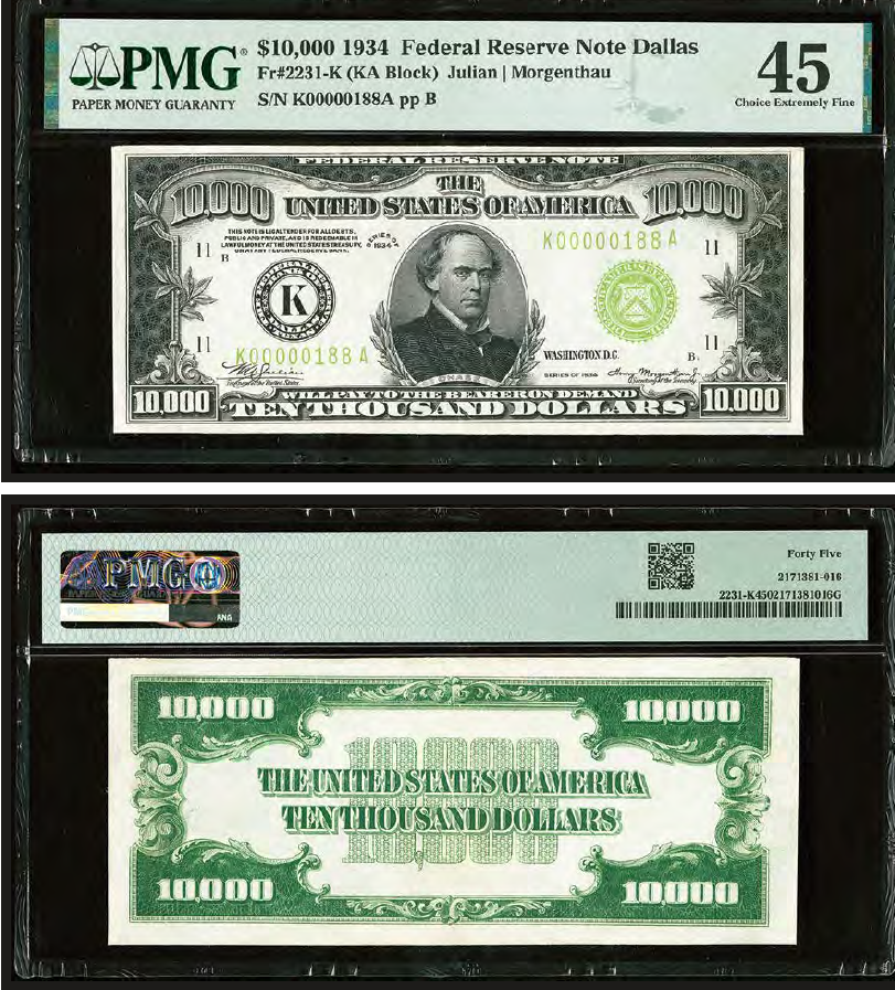 1934 $10,000 Federal Reserve Note Dallas. PMG 45