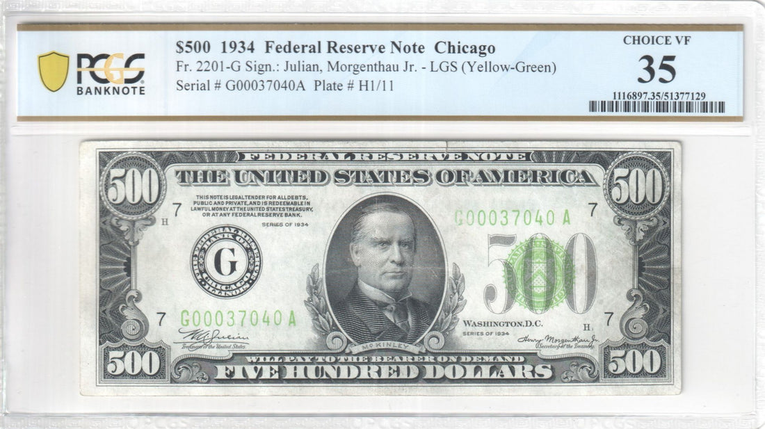 1934 $500 Federal Reserve Note. PCGS VF35. Bank of Chicago.