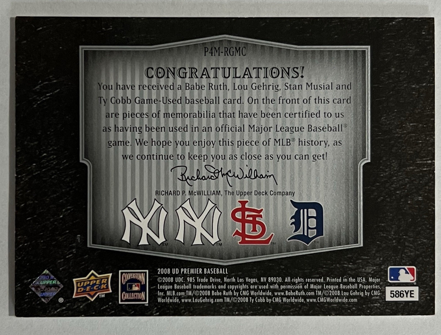 2008 Upper Deck, Babe Ruth Lou Gehrig Stan Musial Ty Cobb.  Game Used Patch /253