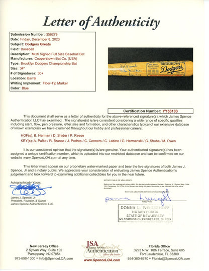 Pee Wee Reese, Snider Multi Signed Brooklyn Dodgers Greats Baseball Bat. JSA7