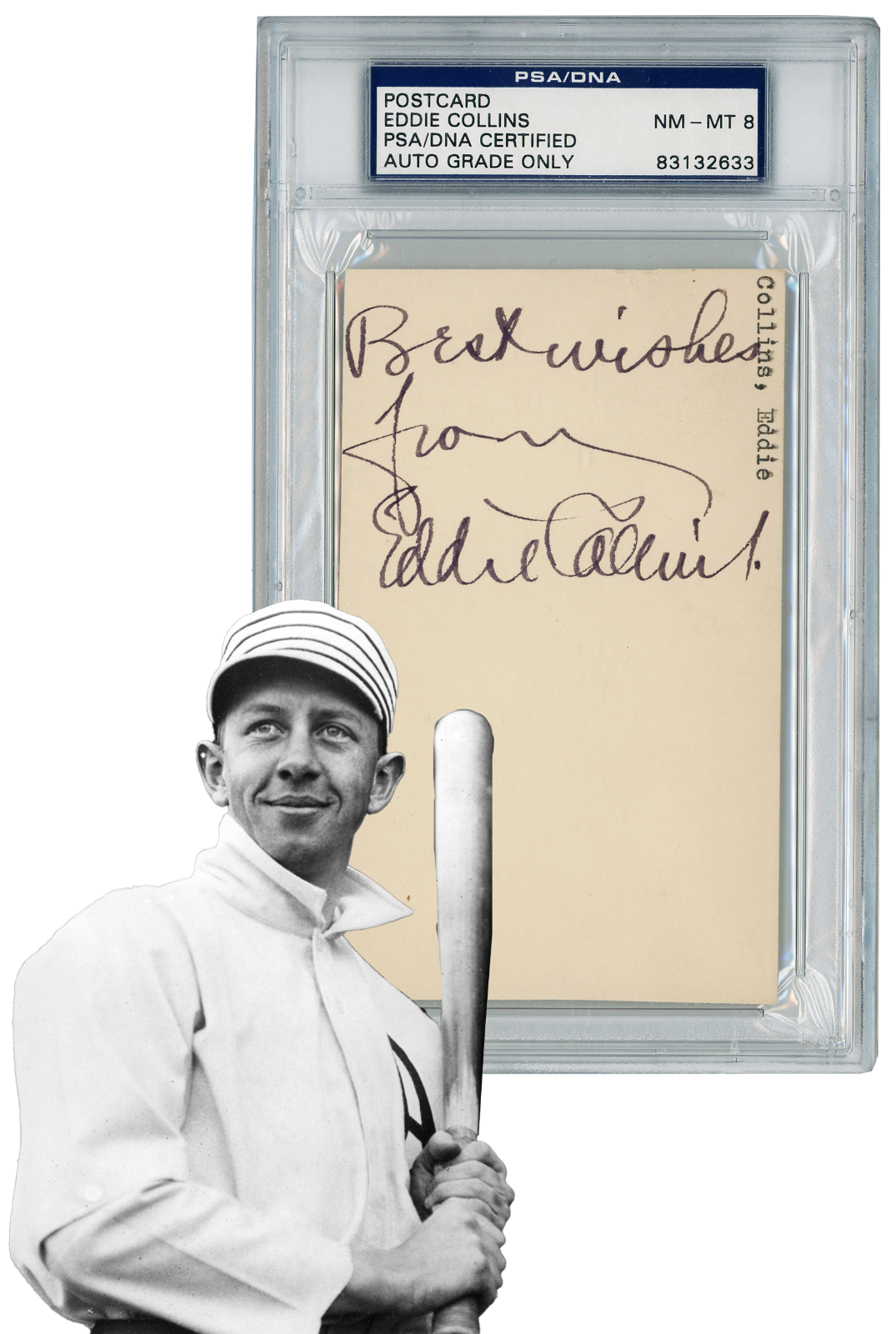 Eddie Collins Signed 1949 Government Postcard GPC. PSA 80