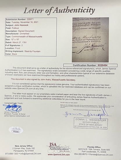 John Hancock Signed Appointment, Massachusetts, 1781. PSA JSA3