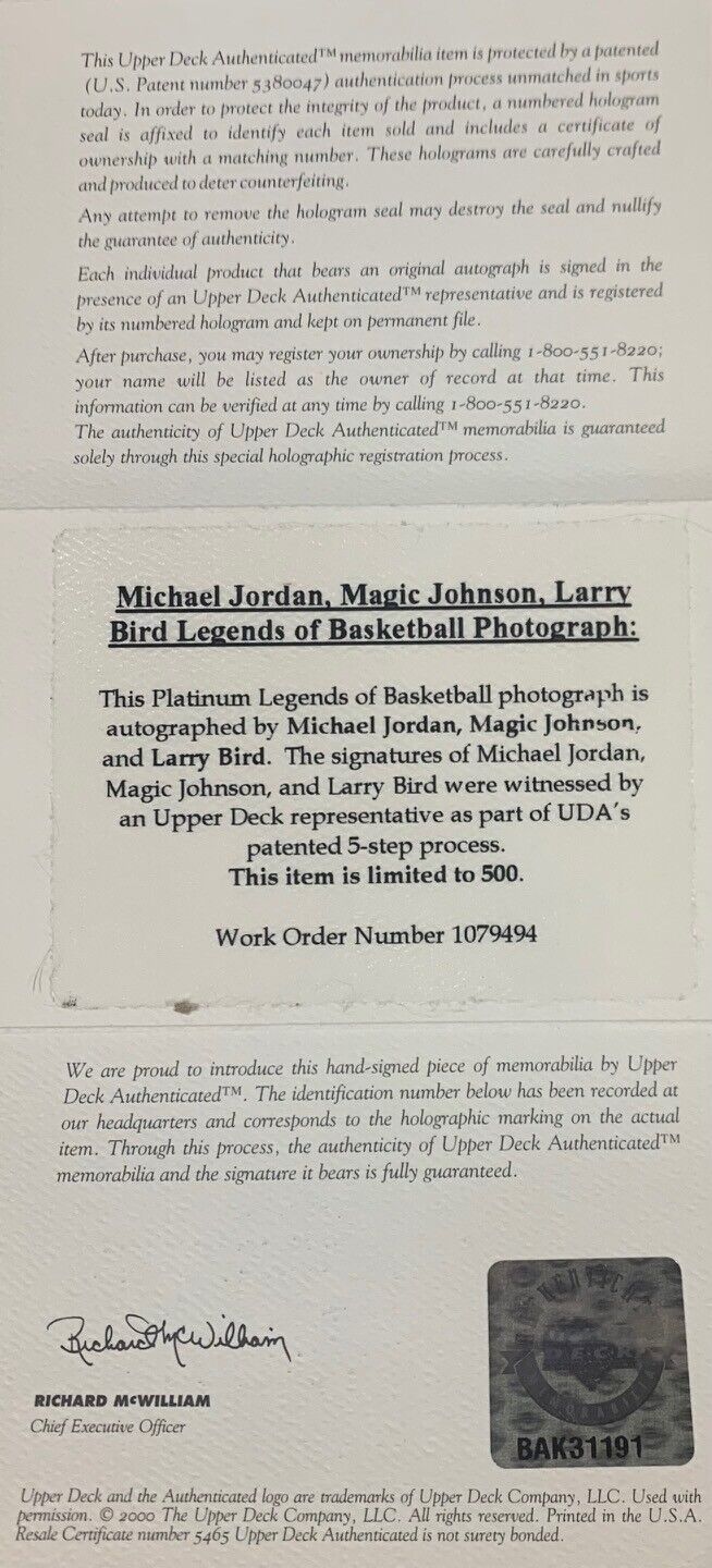 Michael Jordan, Magic Johnson &amp; Larry Bird Signed Upper Deck Photo. Auto UDA