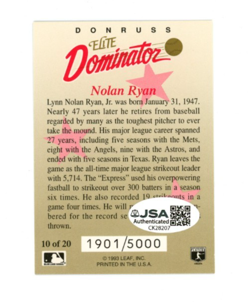Nolan Ryan Signed 1993 Donruss Leaf Elite Dominator1