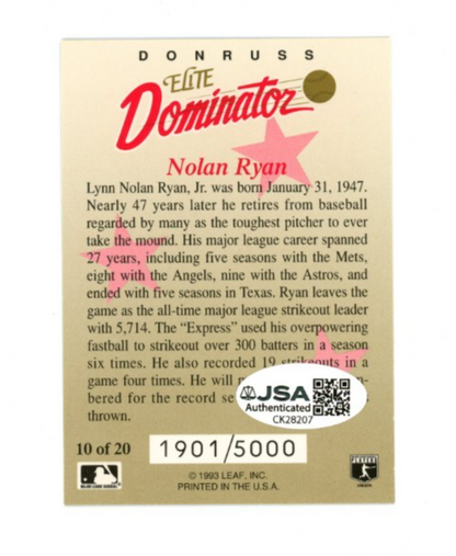 Nolan Ryan Signed 1993 Donruss Leaf Elite Dominator1