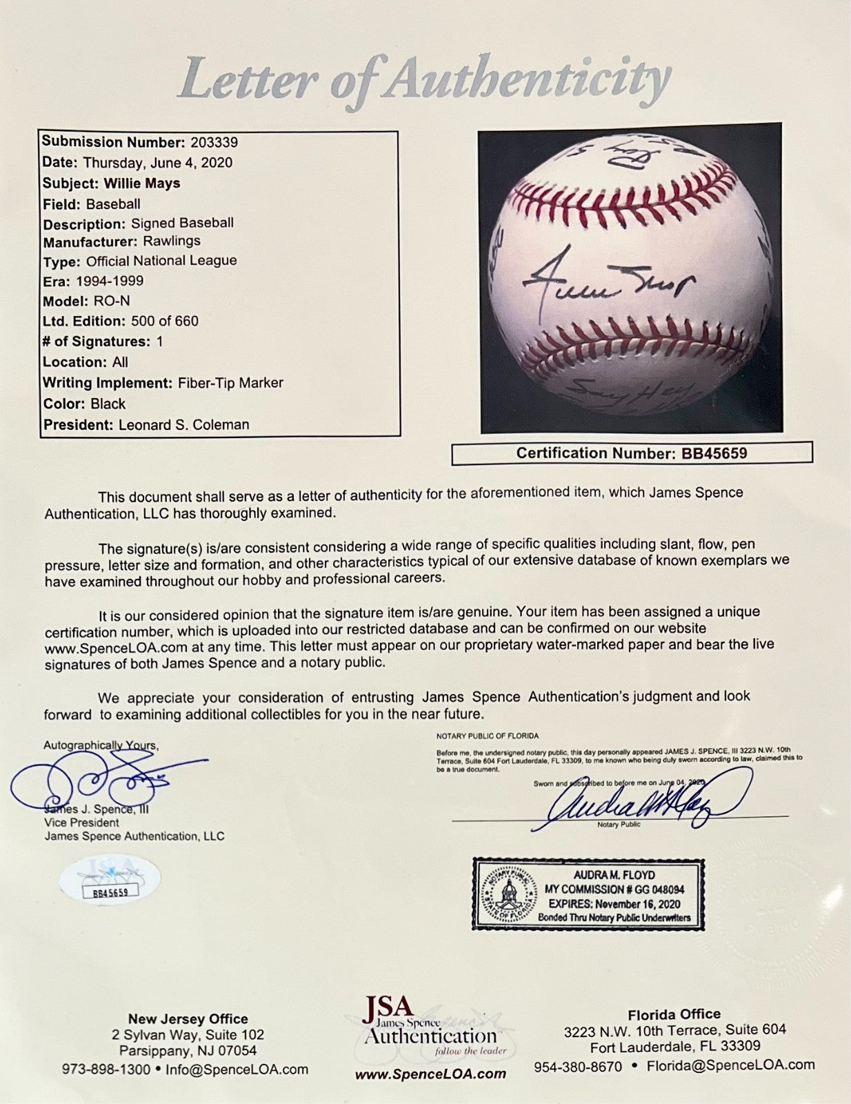 Willie Mays Signed &amp; Career Stats Inscribed Limited Edition Baseball. JSA LOA6