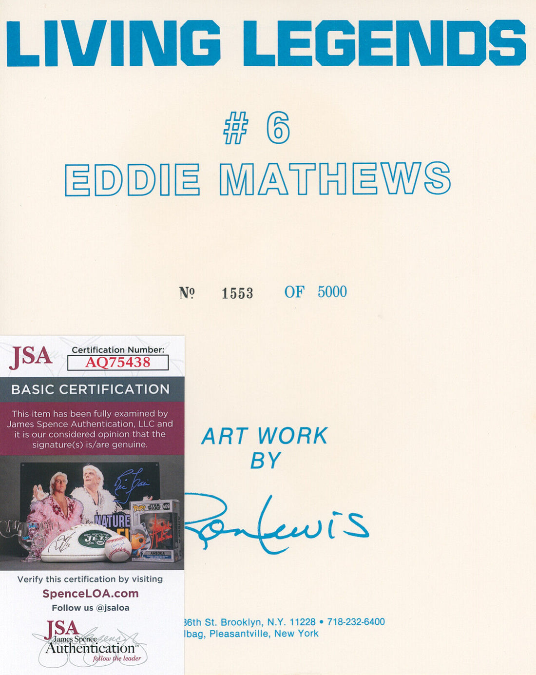 Eddie Mathews Signed 8x10 Photo, Ron Lewis. Milwaukee Braves HOF. JSA