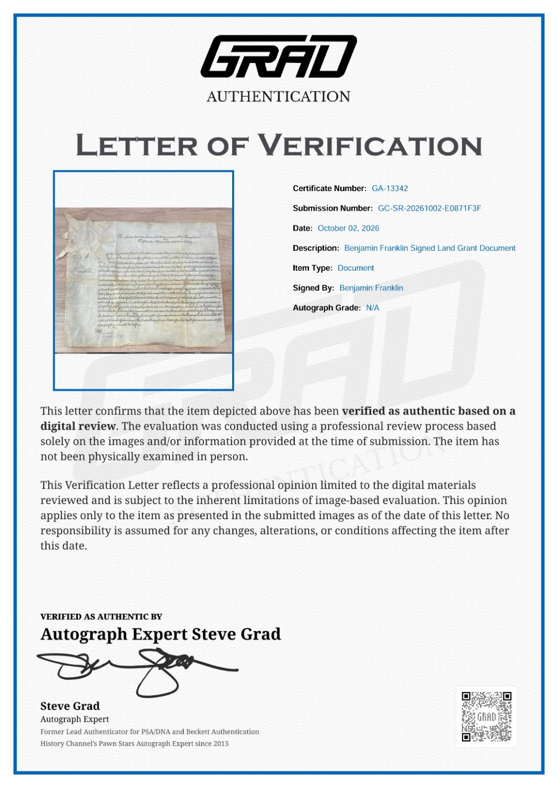 Benjamin Franklin Signed 1787 Land Patent – Constitutional Convention. Auto JSA7