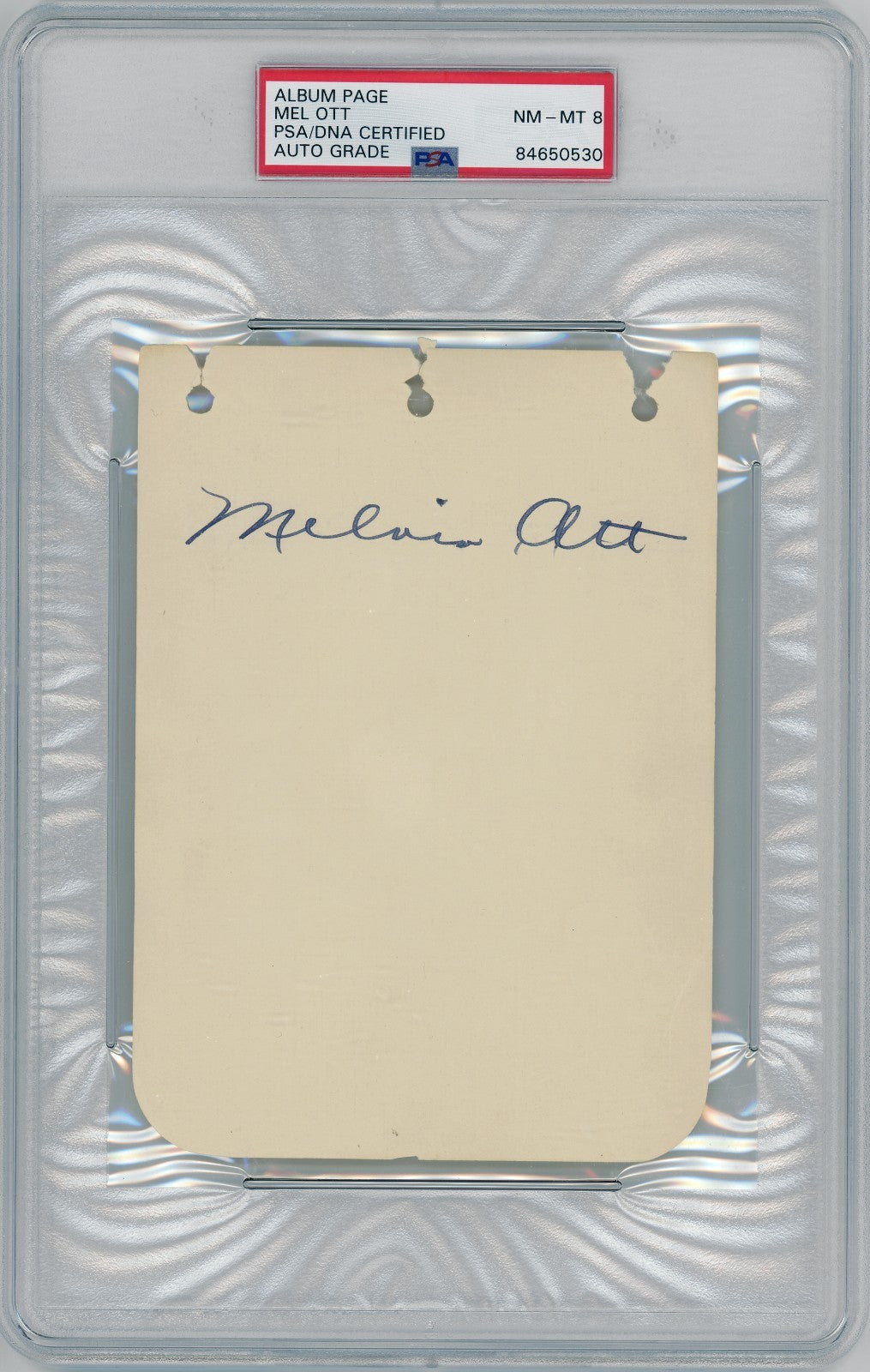 Mel Ott Signed Album Page, Bold. “Melvin” Full Name Autograph. PSA and JSA1