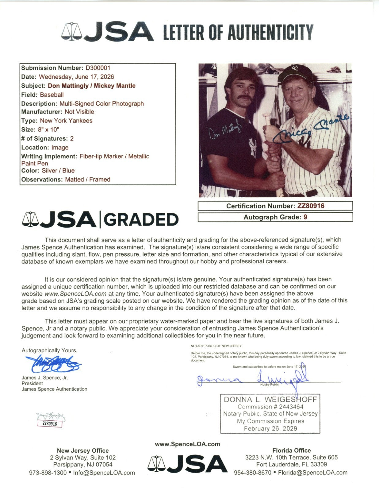 Mickey Manltle and Don Mattingly Dual Signed 8x10 Photo. Auto JSA2