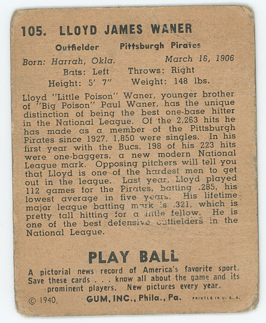 1940 Playball Lloyd Waner. 