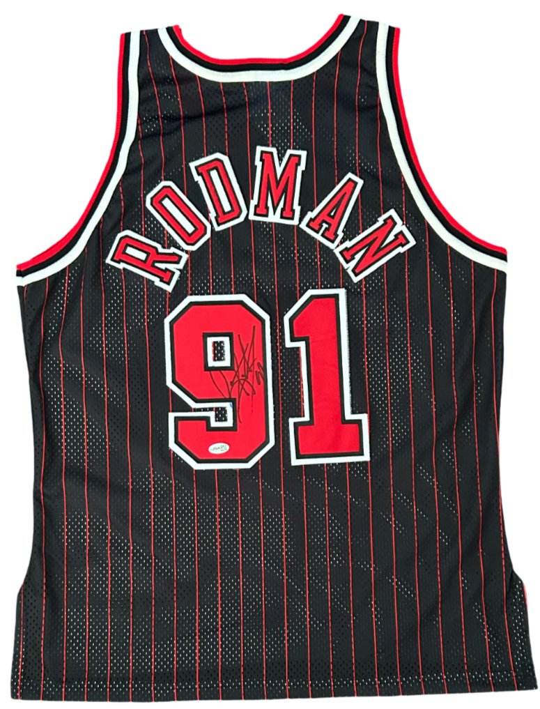 Dennis Rodman Signed Jersey. Chicago Bulls Pinstripe Champion 48 JSA0
