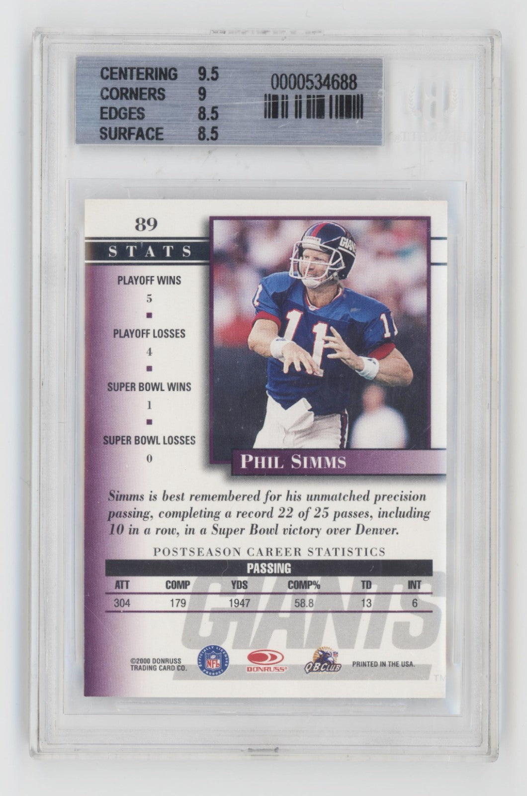 Phil Simms 2002 Donruss Preferred. New York Giants. Beckett NM-MT 8.51