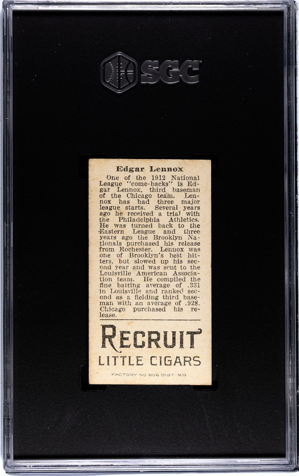 1912 Recruit Little Cigars T207 Edgar Lennox SGC 41