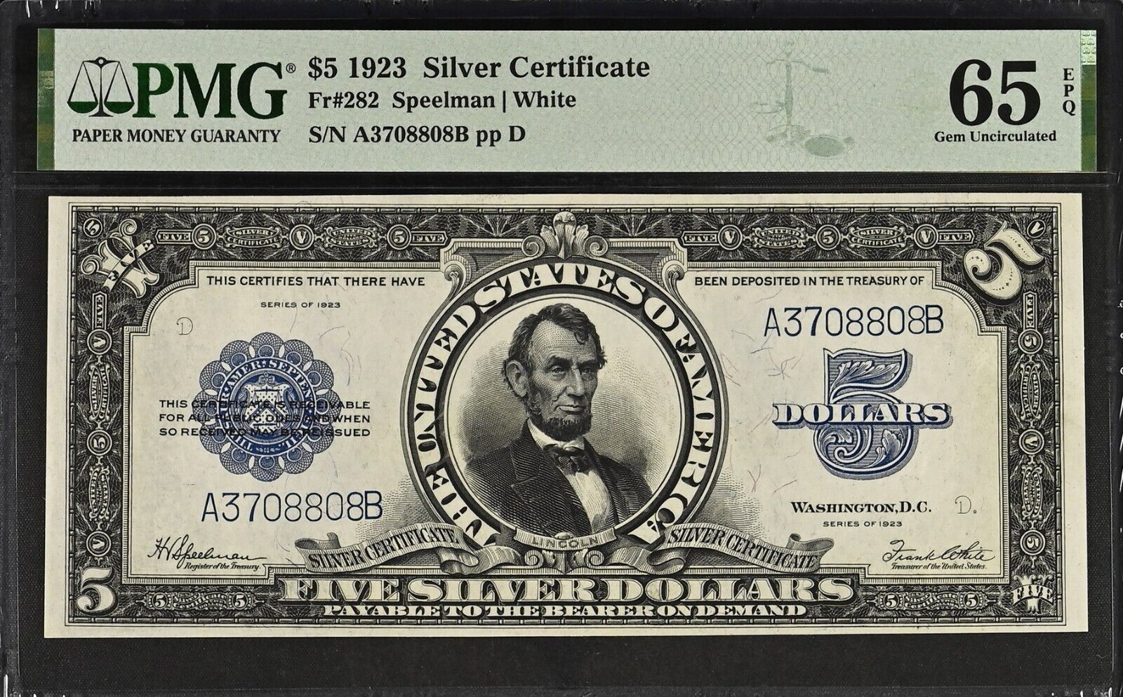 1923 $5 Silver Certificate, Lincoln Porthole Note. Gem Uncirculated PMG 65 EPQ