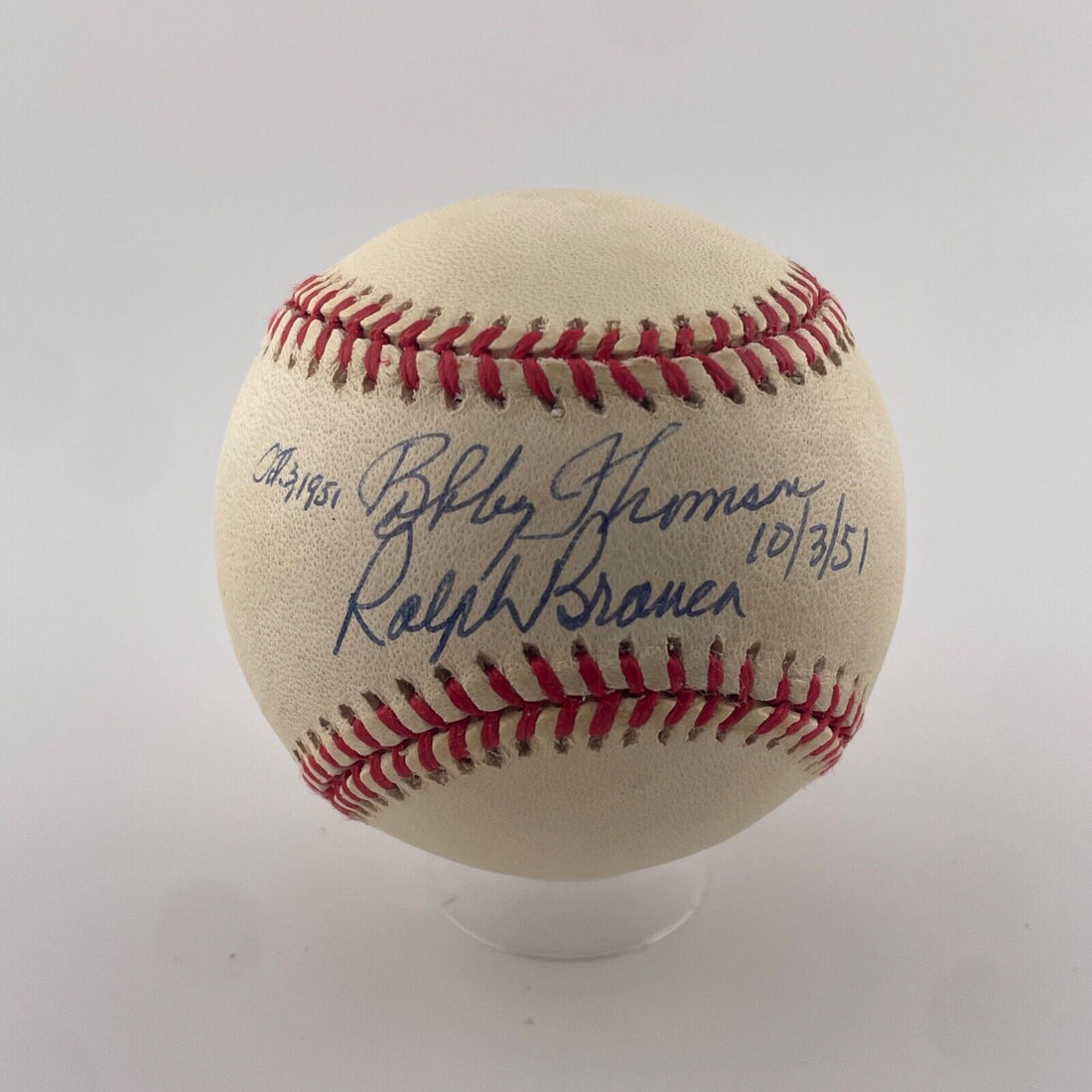 Bobby Thompson + Ralph Branca Dual Signed Inscribed Baseball. JSA.