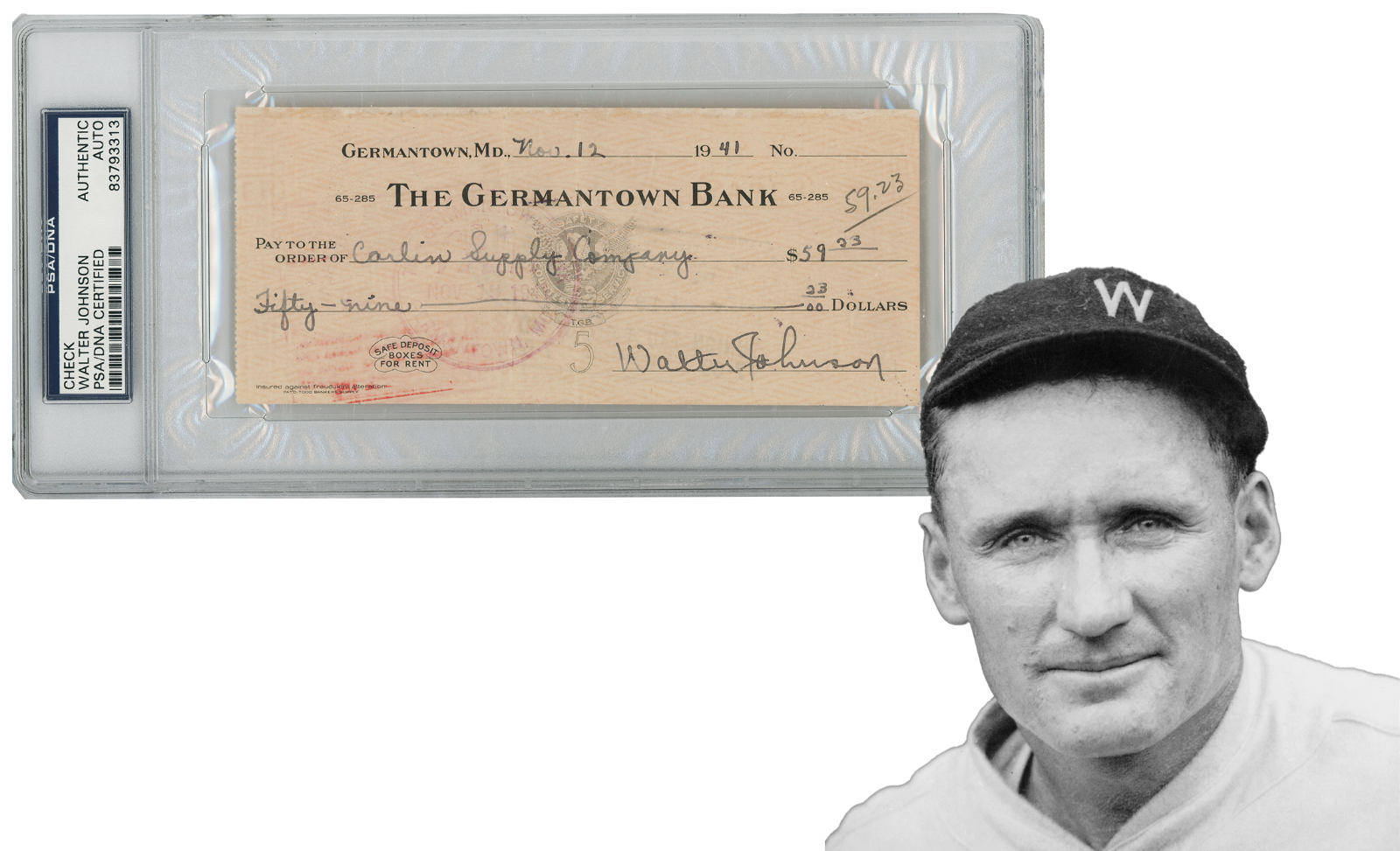 Walter Johnson Signed 1941 Check with Impeccable Signature. PSA0