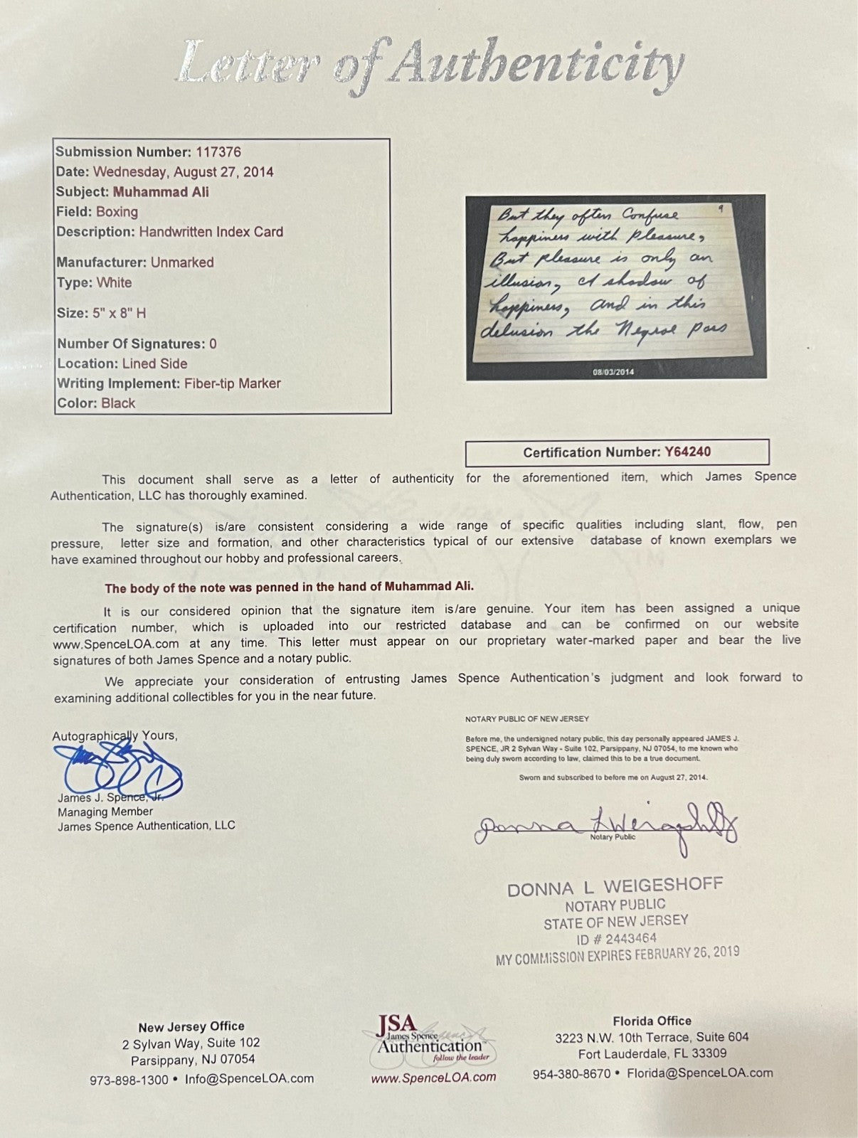 Muhammad Ali Handwritten Note, Speech. JSA3