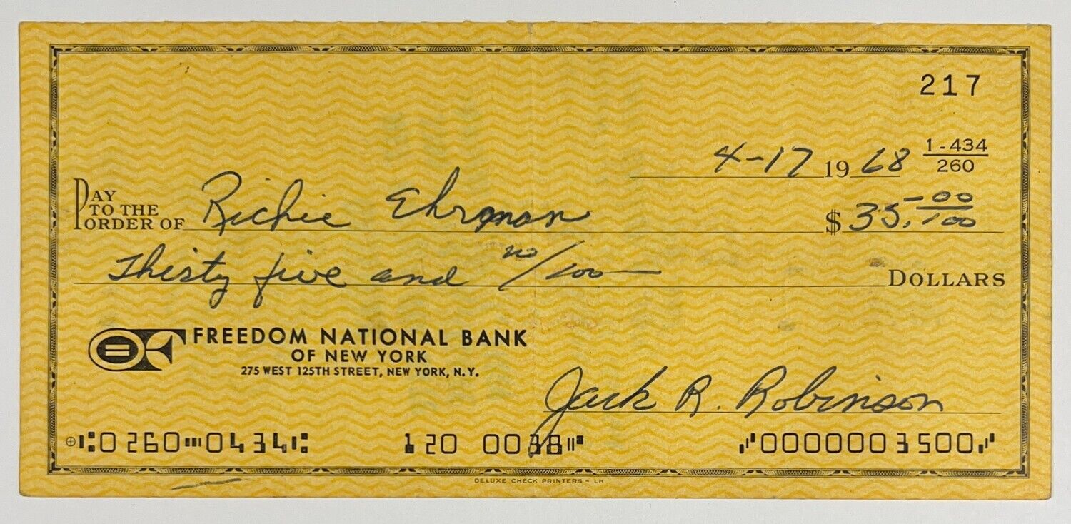 Jackie Robinson Signature, Signed Check Autograph Display. Auto JSA