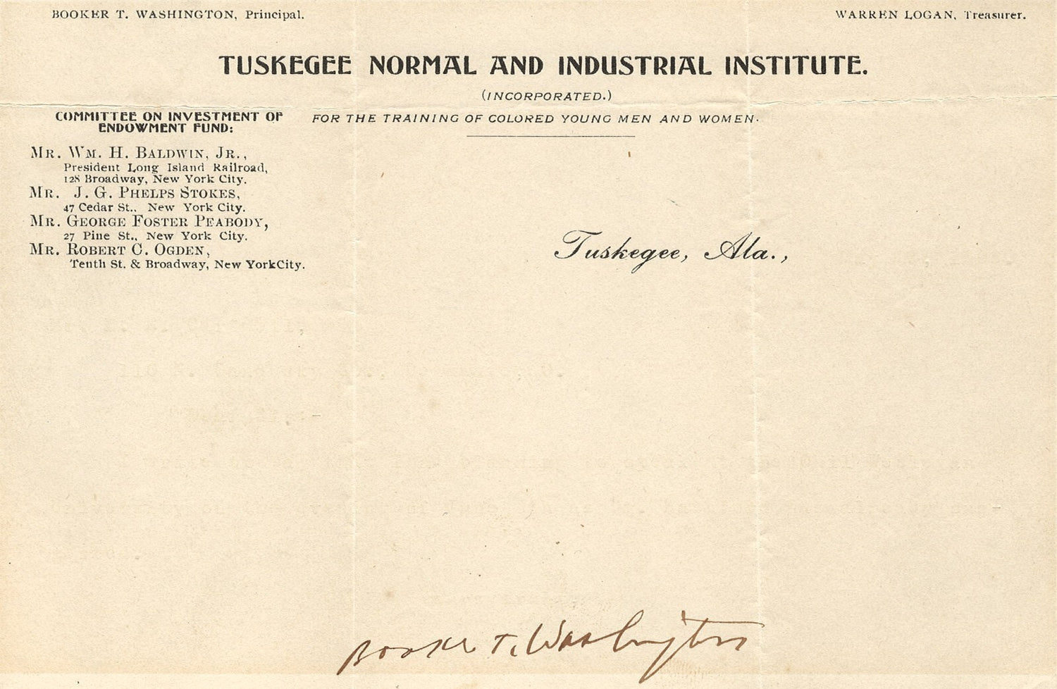 Booker T. Washington Autograph, Signed Tuskegee Letterhead. JSA0